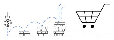 Artan bozuk paraların üzerine paralar ve yukarı doğru giden oklar ve alışveriş arabaları finansal büyüme, e-ticaret ve kâr öneriyor. İş, perakende, tasarruf, ekonomi, ticaret ve girişim için ideal