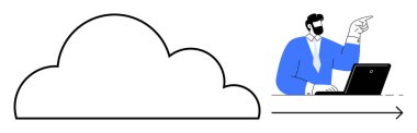 Profesyonel insan, veri transferini ve bulut teknolojisini sembolize ederek bulut anahatları ve okuna doğru hareket eder. İş için ideal, iletişim, ağ, teknoloji, yenilik, ilerleme, basit daire