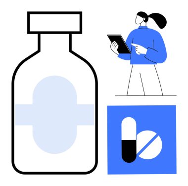 İlaç şişesi, haplar ve tablet verilerini analiz etmek. Sağlık hizmetleri, teletıp, eczane, reçete, ilaç, tanısal farmasötik araştırma için ideal