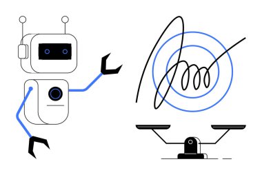 Eş merkezli halkalar ve ölçekli denge ile spiral odak noktasına doğru hareket eden robot. Yapay zeka, teknoloji, denge, kesinlik, otomasyon, odaklanma ve yenilik için idealdir. Basit bir düz metafor.