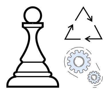 Satranç piyonu üçgen geri dönüşümlü oklar ve birbirine kenetlenmiş dişlilerin yanında. Strateji, sürdürülebilirlik, takım çalışması, verimlilik, karar verme, büyüme ve liderlik kavramları için ideal. Temiz düz metafor