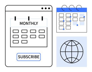 Abonelik düğmesi olan aylık takvim, zaman çizelgesi için ikincil takvim ve küresel servis için dünya simgesi. Planlama, abonelik, organizasyon, küresel erişim, hizmet, programlama için ideal