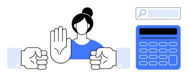 Kadın, bir arama çubuğu ve hesap makinesiyle birlikte iki yumruk arasındaki çatışmayı durdurmak için el hareketini durdurur. İhtilaf çözümleme, finans planlaması, sınırlar ve müzakere konuları için ideal