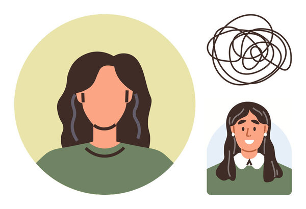 Грустная женщина с хаотичными мыслями, превращающаяся в уверенную, улыбающуюся версию в окружении успокаивающих тонов. Идеально подходит для психического здоровья, самообслуживания, роста, терапии, восстановления, умственного развития, простой квартиры