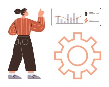 Kadın veri tablosuna çubuk grafik ve simgelerle bakıyor iş akışı optimizasyonunu temsil eden bir dişlinin yanında. Analiz, takım çalışması, planlama, üretkenlik, veri görselleştirme, işlemler için ideal