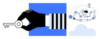 Kara El, görevi yöneten bir robotun yanında anahtar tutarken bulut ortamında güvenlik, ayar ve işlemleri başarıyla tamamlıyor. Otomasyon, güvenlik, erişim, teknoloji, bulut, verimlilik için ideal