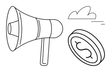 Bir doların yanında iletişimi güçlendiren megafon pazarlamayı, iş büyümesini, satışları ve reklamcılığı sembolize ediyor. Kampanyalar, markalaşma, iletişim, sosyal yardım ve e-ticaret için ideal.