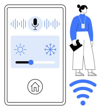 Mobil ekranda ses komutları, mikrofon ve ısı kaydırıcılı akıllı ev iklimi kontrolü görülüyor. İşlevselliği gözlemleyen bir kadın. Teknoloji, otomasyon, akıllı yaşam, IOT, kullanıcı için ideal