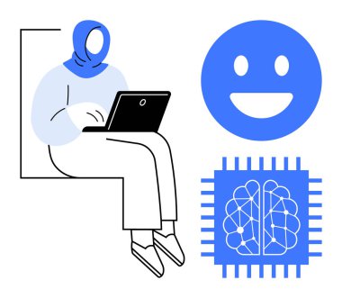 Dizüstü bilgisayarda çalışan bir kadın, yapay zeka işlemci görüntüsü ve mutlu bir yüz. Yapay zeka, eğitim, teknoloji, yenilik, iletişim, duygusal zeka için ideal basit bir iniş sayfası