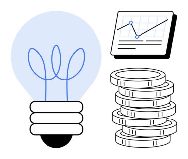 Filiz lifli ampul, yatırımı sembolize eden madeni paralar ve büyüme ve eğilimleri gösteren mali grafik. İş stratejisi, yenilik, finans, analiz, ekonomi ve ilerleme için ideal