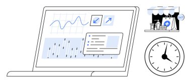 Çizelge, analiz ve büyüme göstergelerini gösteren dizüstü bilgisayarın yanında 247 mağaza ve saat var. Analiz, e-ticaret, iş stratejisi, zaman yönetimi, perakende iş akışı için ideal