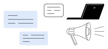 Mesajlaşma baloncukları, dizüstü bilgisayar ve iletişim için megafon konsepti, çevrimiçi işbirliği, pazarlama veya sosyal medya. İş, eğitim, uzaktan çalışma reklam duyuruları takım çalışması için ideal