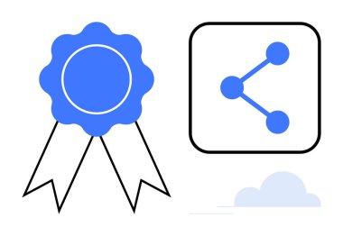 Mavi ödül kurdelesi ve paylaşım ikonu, başarının, kalitenin, işbirliğinin, bağlantının, tanınmanın, sosyal etkileşimin vurgulanması. Ödüller için ideal, takım çalışması markalaşma başarısı dijital