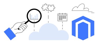 Analitik üzerinde büyüteç tutan eller bulutu bulmaca parçalarına, takvime ve geçit ikonuna bağlıyor. Veri analizi, bütünleşme, işbirliği, bulut çözümleri, stratejik planlama için ideal