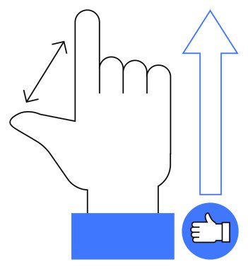 Yukarı doğru ok ve baş parmağın işaret ettiği ikon büyüme, yön bulma, onay veya başarı öneriyor. İletişim, geri bildirim, ilerleme, navigasyon, kullanıcı arayüzleri onayı için idealdir