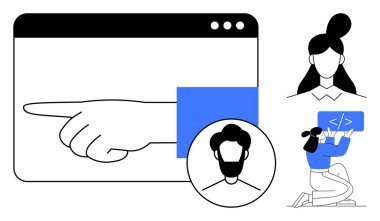 Ekranı gösteren büyük eller, soyut yüzler, dizüstü bilgisayardaki geliştirici kodları. Takım çalışması, web tasarımı, kodlama, uzaktan çalışma, işbirliği, teknoloji sade iniş sayfası için ideal