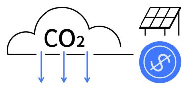 Aşağı doğru mavi okları, güneş paneli ve bir dolar parası olan CO2 bulutu. Sürdürülebilirlik, çevre, yenilenebilir enerji, karbon azaltımı, temiz enerji tasarrufu yeşil ekonomi temaları için idealdir. Basit.