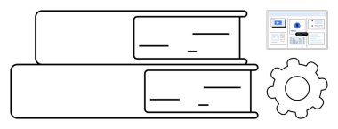 Öğrenme, araştırma, yenilik, sistem optimizasyonu, strateji, teknoloji ve eğitimi temiz ve basit bir düz metaforda sembolize eden bir vites ve veri panelinin yanında iki kitap yığını