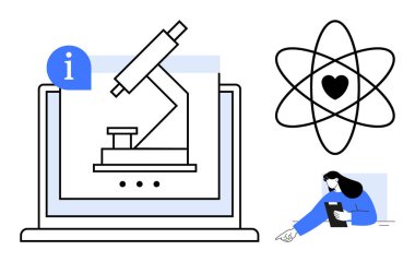 Mikroskop gösteren dizüstü bilgisayar, bilim temalarını resmeden atomik kalp ikonu, öğrenme ile uğraşan kadın kalem tutan kadın. Eğitim, araştırma, teknoloji, sağlık, e-öğrenim için ideal