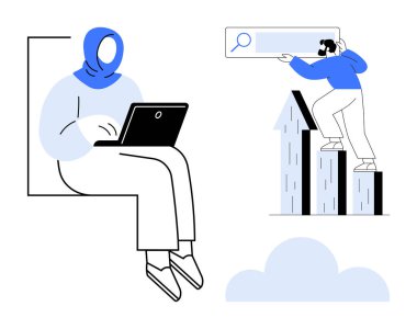 Dizüstü bilgisayar kullanan bir kadın, arama kutusuna ulaşmak için çubuklara tırmanan biri, aşağısı bulutlu. Takım çalışması, büyüme, araştırma, analitik, teknolojik kendini geliştirme dijital çözümleri için idealdir. Basit düz metafor