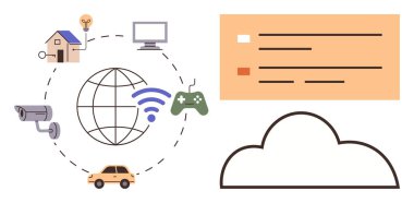 Küre, kablosuz ikon, akıllı ev, cihazlar, araba ve bulut depolama dairesel ağ yolu ile birbirine bağlı. İOT, bulut hesaplama, akıllı evler teknoloji sistemi bağlantı otomasyonu için ideal