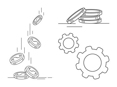 Birikmiş paralar, düşen paralar ve vitesler ekonomiyi, sistem dinamiğini ve zenginlik neslini sembolize ediyor. Finans, bankacılık, yatırım, süreç verimliliği sektörü için ideal basit iniş sayfası