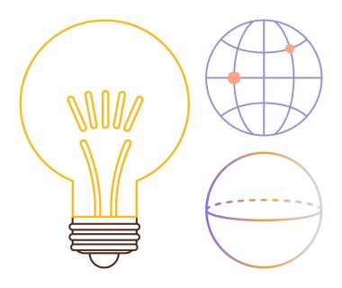 Ampul ve iki küresel element yeniliği, küresel bağlantıyı ve yaratıcı problem çözmeyi temsil ediyor. Teknoloji, sürdürülebilirlik, iş, takım çalışması, gelecek, küreselleşme eğitimi için ideal