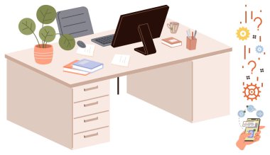 Bilgisayar, sandalye, kitap, gazete, kahve fincanı, bitki, akıllı telefon ve soyut simgelerle ofis masası kurulumu. Üretkenlik takım çalışması için ideal yaratıcılık uzak çalışma organizasyonu yeniliği