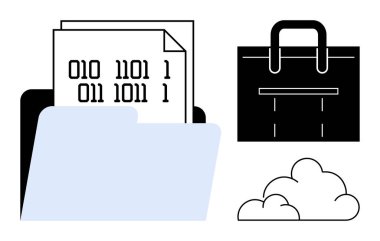 İkili kod belgeleri, bir evrak çantası ve veri depolama, organizasyon ve erişilebilirliği gösteren bir bulut. Teknoloji, iş dünyası, veri yönetimi, dijital işyeri deposu için ideal