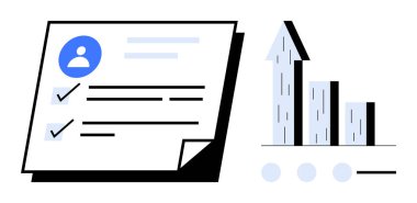 Yukarıdaki çubuk grafiğinin yanında kontrol listesi olan kullanıcı profili bilgileri ilerlemeyi gösteriyor. Analiz, performans, iş, kalkınma, istatistik, yönetim, strateji, basit iniş sayfası için ideal