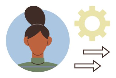 Kadın profili dairesel çerçeve, krem dişli ve iki yönlü ok süreç optimizasyonunu, takım çalışmasını ve gelişmesini simgeler. Üretkenlik, liderlik, değişim, insan kaynakları eğitimi için ideal