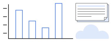 Veri eğilimlerini gösteren çubuk grafik, analitiği sembolize eden belge yığını ve çevrimiçi depolamayı temsil eden bulut. Analiz, iş büyümesi, bulut hizmetleri, veri yönetimi ve raporlama için ideal