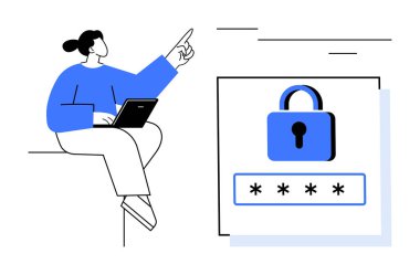 Dizüstü bilgisayarı olan bir kadın kilit ve şifre giriş kutusunu işaret ediyor. Güvenlik, gizlilik ve giriş önlemlerini simgeliyor. Siber güvenlik, erişim kontrolü, teknoloji, şifreleme, internet güvenliği için ideal