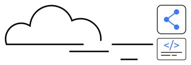 Düğümleri ve kodlama etiketlerini paylaşmanın yanında basitleştirilmiş bulut. Bulut teknolojisi, işbirliği, veri paylaşımı, ağ geliştirme, yazılım geliştirme, SaaS platformları, basit iniş sayfası için ideal