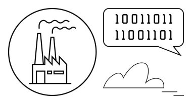 Daire içindeki fabrika dijital iletişimi, teknoloji entegrasyonunu ve bulut hesaplamasını sembolize eden ikili veri yayıyor. Üretim, IOT, otomasyon, veri akışı ve akıllı endüstri için ideal
