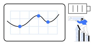 Bir ızgarada eğilim çizgisi ve veri noktalarına sahip grafik, enerji için pil simgesi, arama aracı kullanan araştırmacı. Analiz, büyüme takibi, performans, araştırma, enerji, yenilik için ideal basit düz