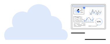 Grafikleri, grafikleri ve raporları gösteren dijital panelin yanında bulut var. Bulut hesaplama, veri analizi, dijital eğilimler, iş anlayışı, teknoloji, üretkenlik düzlüğü için ideal basit metafor