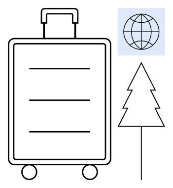 Tekerlekli bavul, dünya ve ağaç ikonu seyahat, sürdürülebilirlik ve eko-turizmi destekliyor. Tatil için ideal, uluslararası geziler, iklim farkındalığı, macera çevresel bilinç