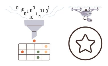 İkili veri, organize çizelgelere giden bir filtreye akar, bir gözetleme aracı havada durur ve daire içindeki bir yıldız kaliteyi ön plana çıkarır. Teknoloji, veri işleme, yapay zeka ve gözetim için ideal.