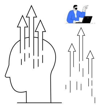 Yukarıya doğru oklarla siluet kafası, yol göstermesi için dizüstü bilgisayarı işaret eden adamın yanında ilerlemeyi simgeliyor. Kavramların ideali yenilik, büyüme, strateji, liderlik, fikirler, öğrenme, motivasyon