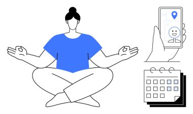 Bacak bacak üstüne atmış meditasyon yapan biri. Yer belirleyici ve takvimi olan bir telefonun yanında. Farkındalık, özbakım, denge, organizasyon, sağlık, planlama sadeliği için idealdir. Basit düz
