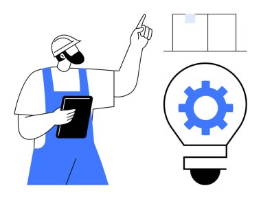 Üniformalı ve kasklı bir işçi elinde tablet, istiflenmiş kutuları gösteriyor. Ayrıca, vites şekilli bir ampul fikirleri, problem çözmeyi ya da yeniliği temsil eder. Lojistik ve planlama için ideal