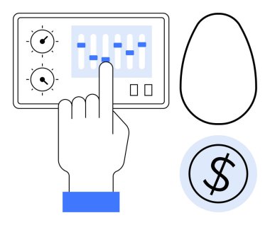 Dijital ekrandaki kaydırıcılarla, göstergelerle, yumurta hatlarıyla, dolar işaretiyle el etkileşimi. Finans, yatırım, bütçe ve teknoloji verimliliği için ideal. Basit düz metafor