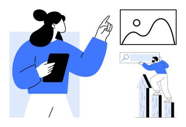 Elinde tabletle ekranı gösteren bir kadın, çubuğa tırmanan bir adam arama çubuğuna uzanıyor. İş stratejisi, pazarlama, araştırma, yenilik, liderlik, analitik takım çalışması için ideal. Basit düz