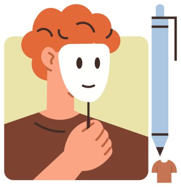 El maskesi gizli kimlik, yazmak için bir kalem ve küçük gömlek simgesi. Kendini ifade etmek için ideal, yaratıcılık, anonimlik, yazma fikirleri, psikoloji, hikaye anlatma minimalizmi basit düz metafor