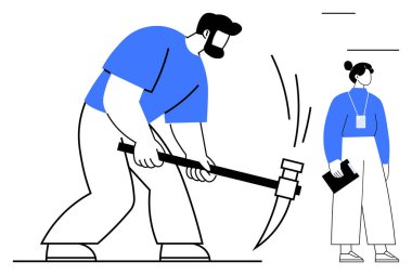 Adam kazmayla yere çarpıyor, hareket çizgileri oluşturuyor. Elinde pano gözlemi olan bir kadın. Takım çalışması, iş gücü, endüstri, inşaat, çaba planlama işbirliği için ideal. Basit düz