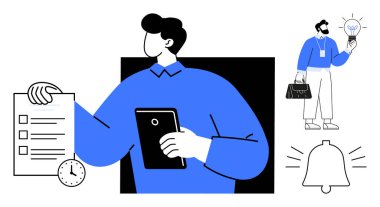 Tablet, kontrol listesi, saat, çanta, ampul ve tebligata sahip işadamları zaman yönetimi, yaratıcı düşünme, organizasyon, takım çalışması planlama verimliliğini vurguluyor