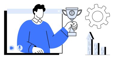 Video ekranında ödülü tutan kişi, başarı ve tanıma donanımını simgeleyen süreç verimliliği büyüme grafiğini temsil ediyor. Liderlik için ideal, başarı, takdir