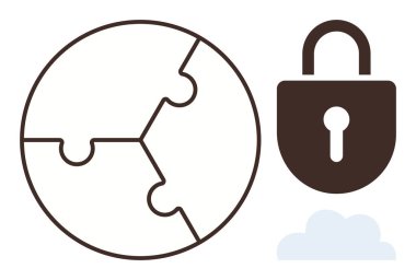 Bulut üzerindeki güvenlik kilidine bağlı bulmaca küresi. Veri koruması, siber güvenlik, küresel bağlantı, bulut depolama, çevrimiçi mahremiyet, şifreli iletişim, güvenli ağlar için ideal. A