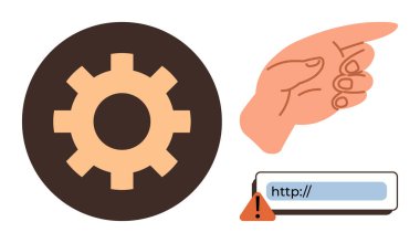 Kahverengi çember üzerindeki dişli sistem ayarlarını önerir, el ile çevrimiçi sorunları veya güvenlik uyarılarını temsil eden bir URL 'nin yanındaki uyarıyı gösterir. Teknoloji, bakım, güvenlik, navigasyon ve hata için ideal